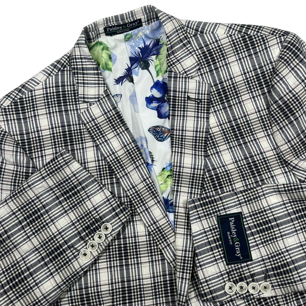 Paisley & Gray Slim Fit Blazer Mens 42S Black White Plaid Floral Sport Coat